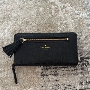 Kate Spade Black Wallet Gold Accents Pebbled Leather